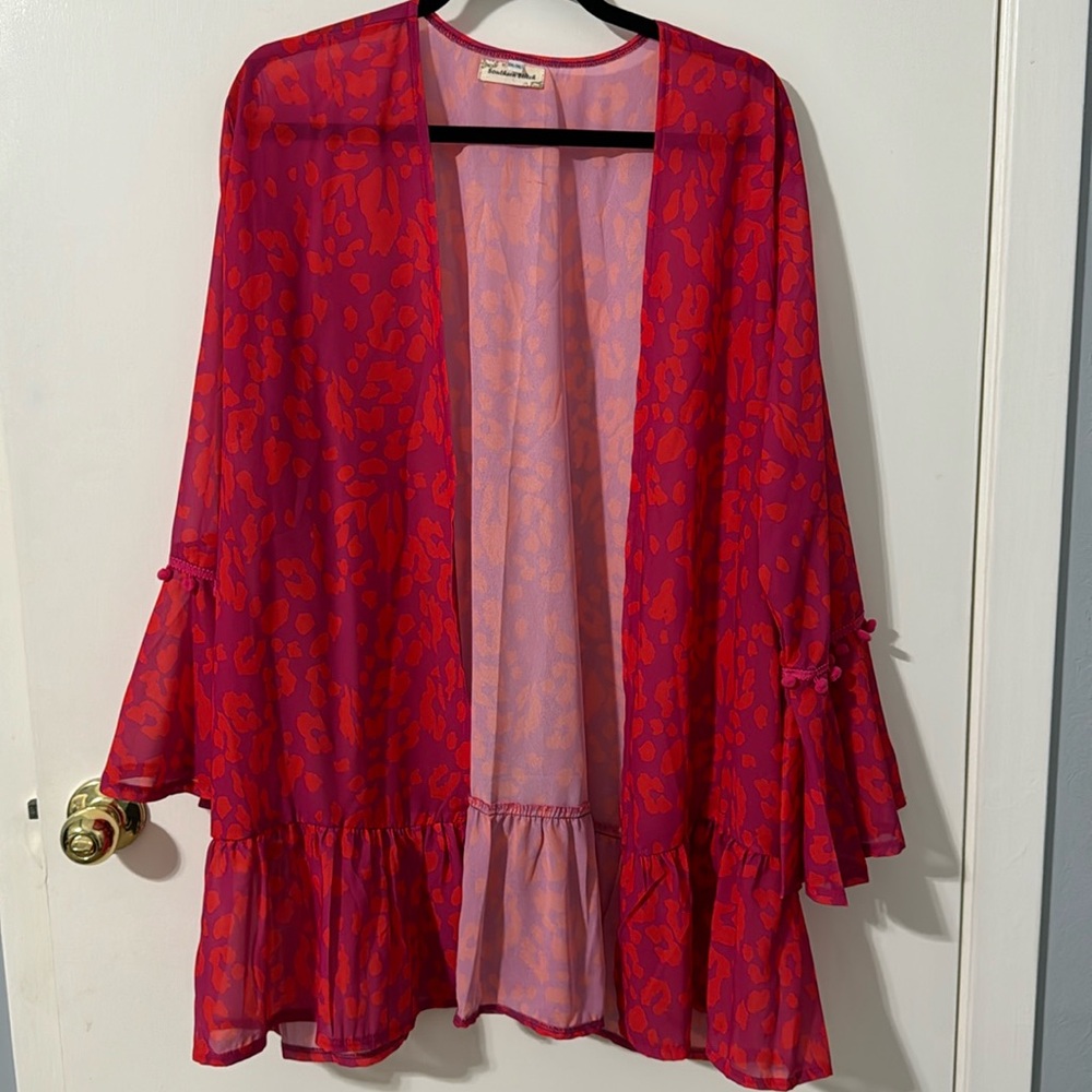 Southern Stitch cheetah cardigan with Pom Pom bell sleeve